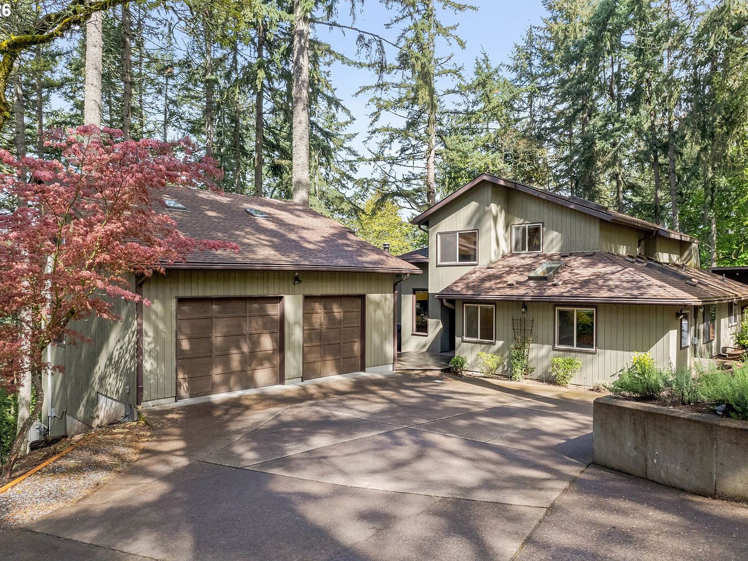 Wide approach to 4330 N Shasta Loop, the wood-sided home set back among tall Douglas firs with a Japanese maple at the driveway turn